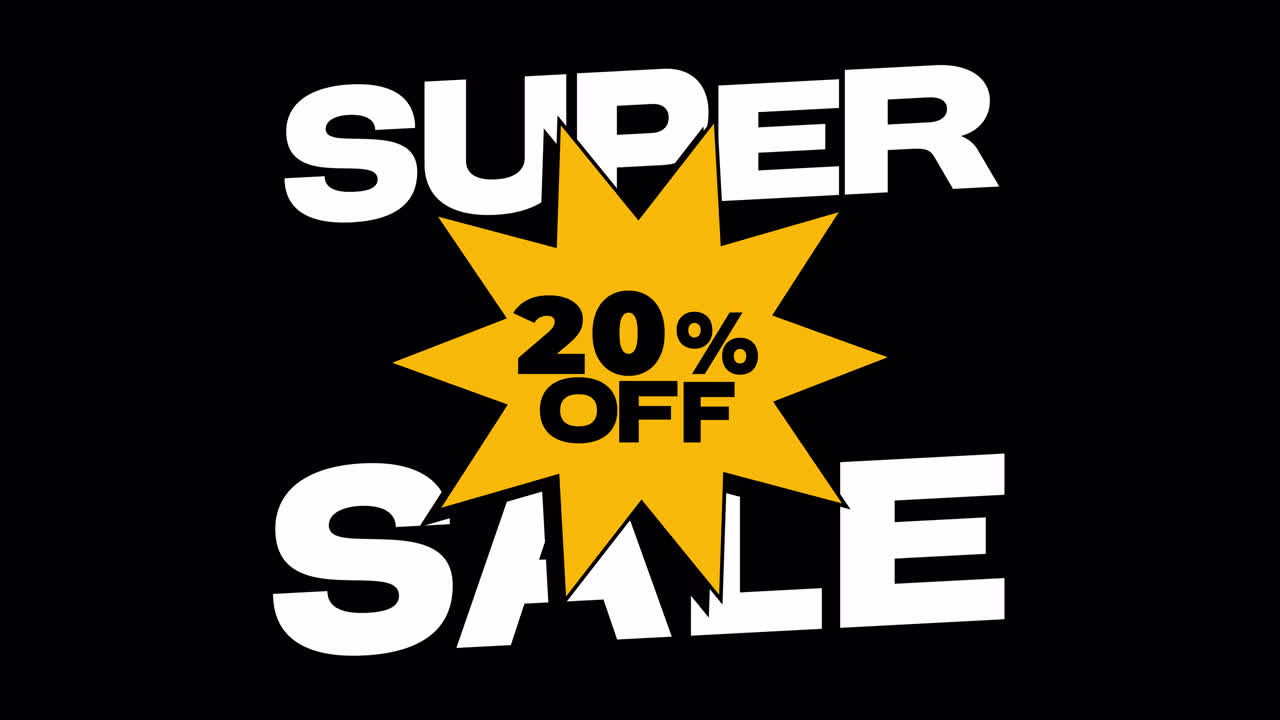 Testo animato "Super Saldi Sconto 20%" su sfondo nero