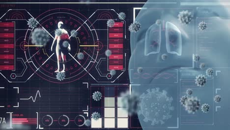 animation of covid 19 cells and data processing over human head