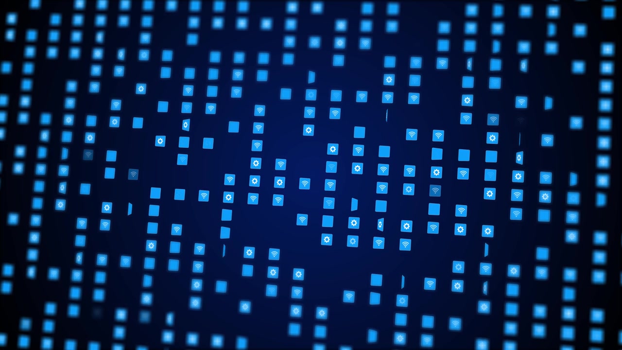 Blue floating app icon background wireless symbols gear buttons square tiles dark digital depth