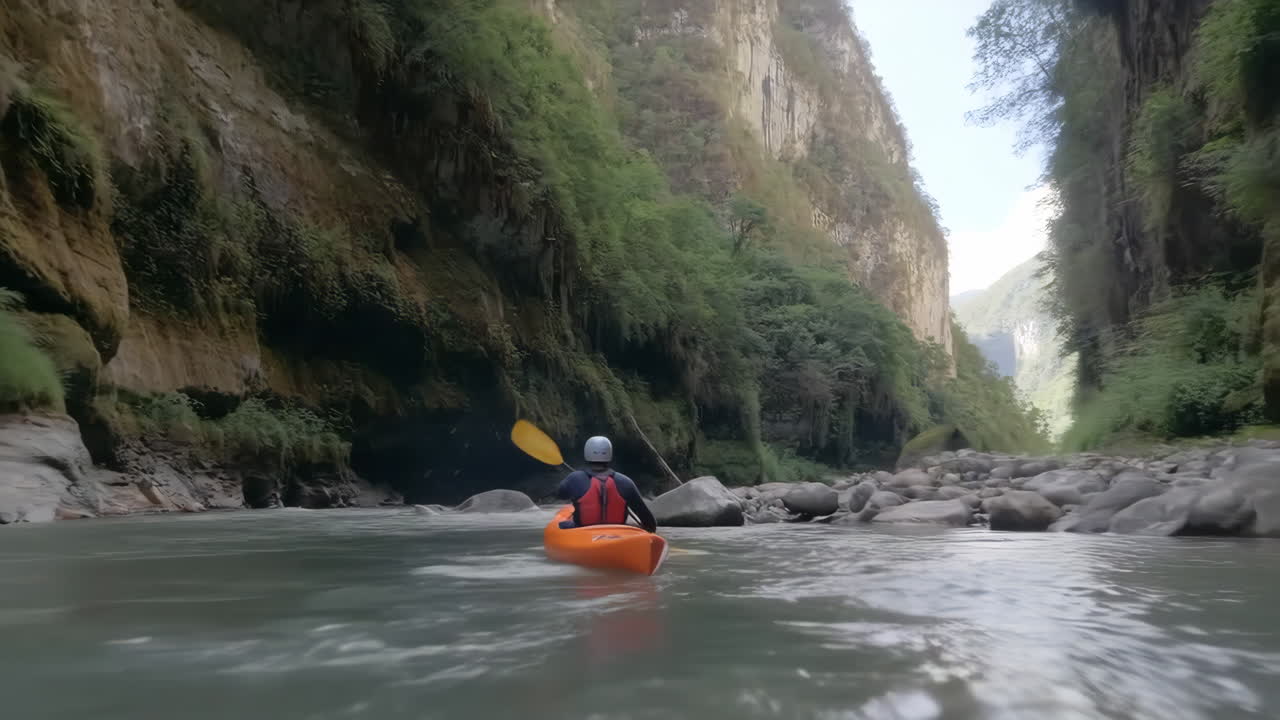 Un kayaker che rema lungo un fiume attraverso un canyon panoramico