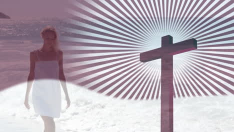 Walking over cross, woman in white dress with radiating light pattern animation