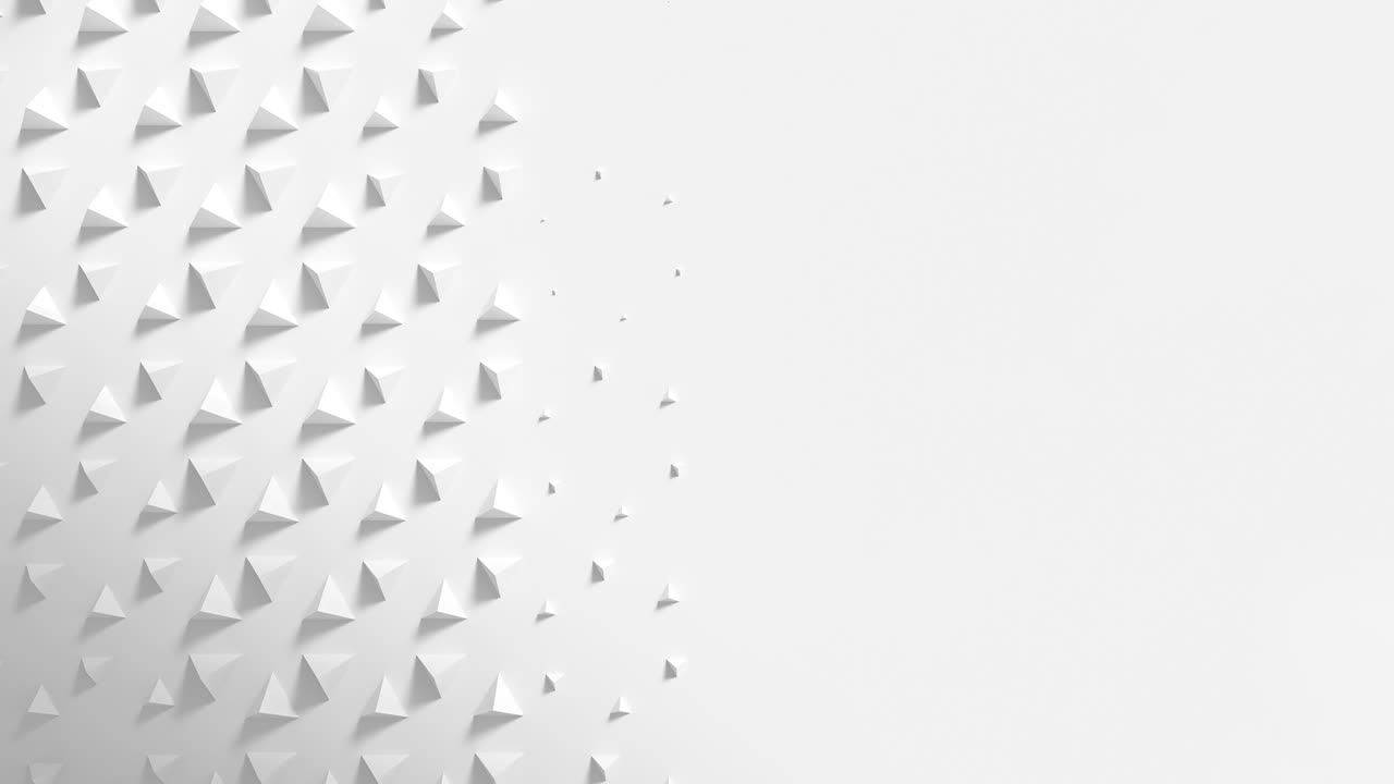 White surface with wave of scaling pyramids with shadows. Extruding shapes animation loop. Clean bright triangle motion.