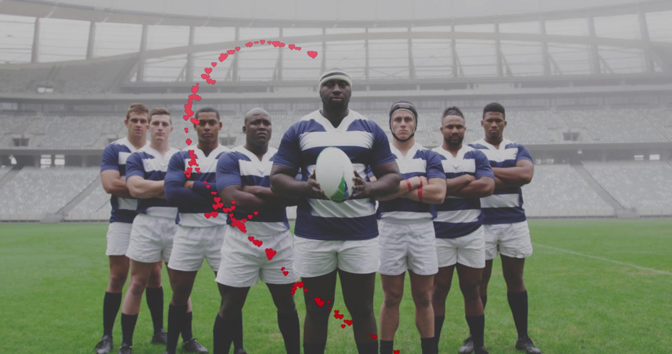 center rugby player adjusting grip, team holding line, hearts sweeping from left showing unity