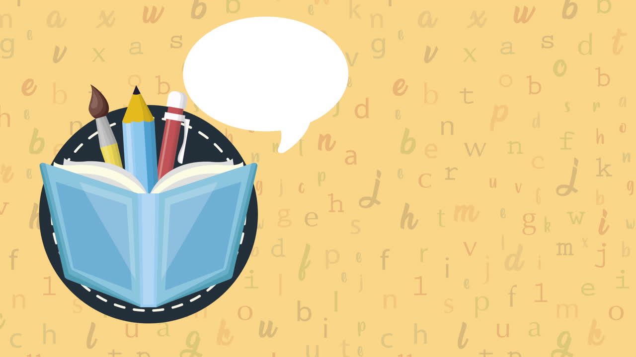 vuelta a la escuela libro de texto y lápices animación