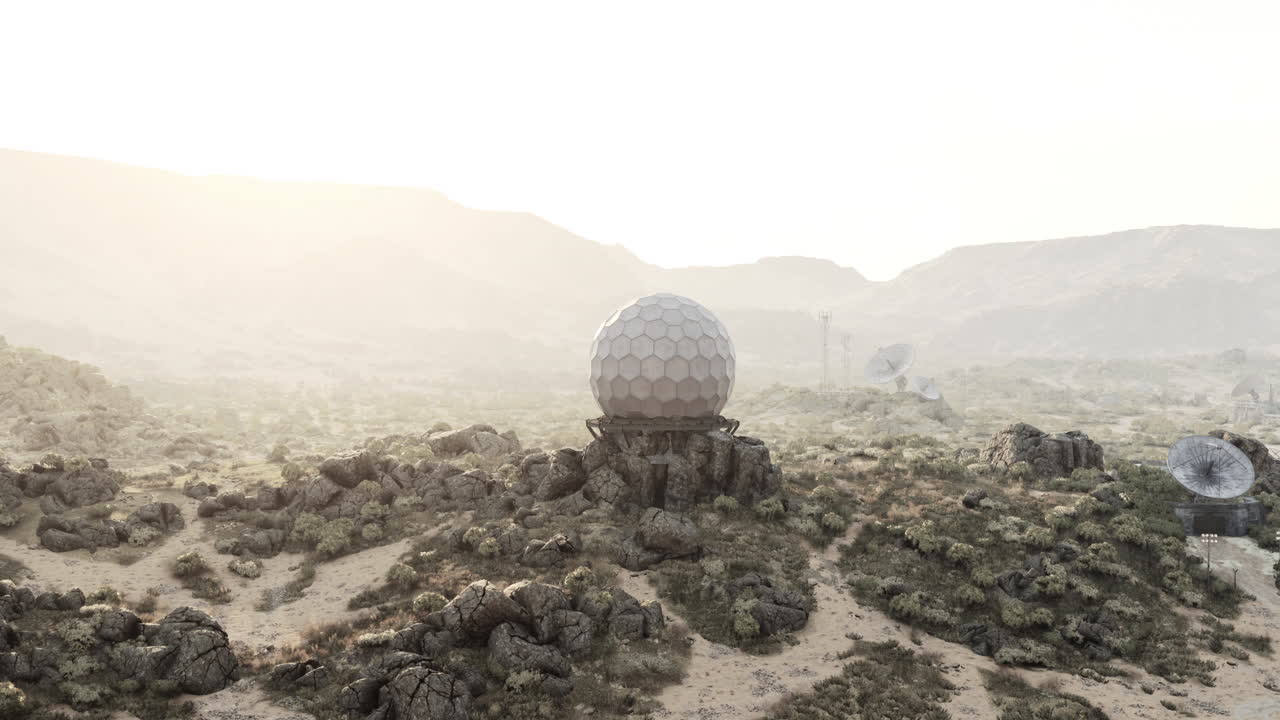 사막 풍경 에 있는 미래적 인 레이더 스테이션