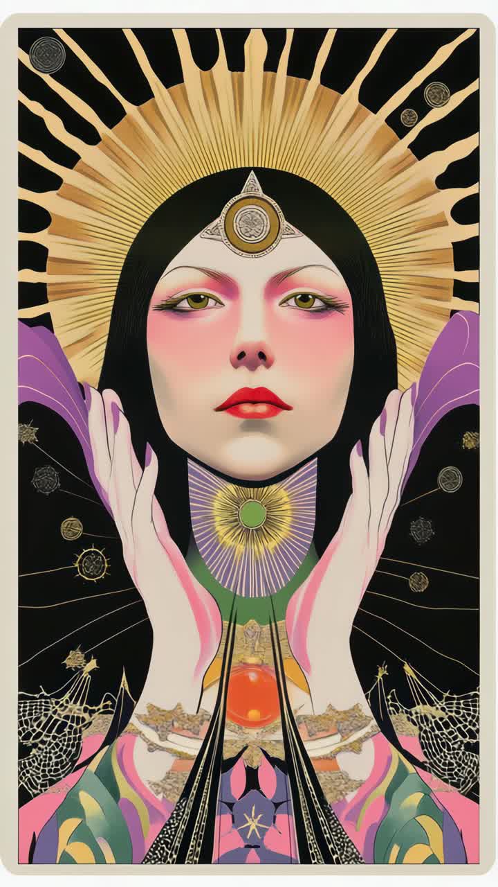 A mystical portrait of a woman with a celestial theme, captured from a front angle