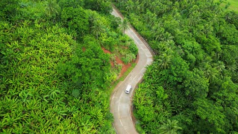 overhead drone view of white van driving along an empty road in lush, tropical jungle of baras, catanduanes