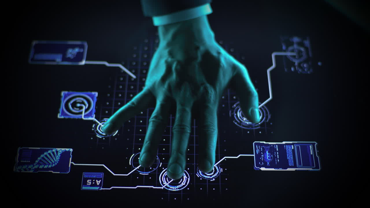 Hand interacting with a futuristic touchscreen interface