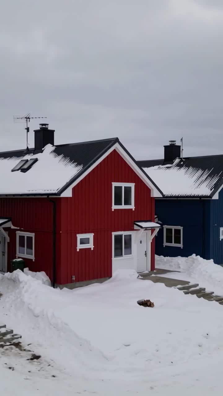 Vertikal video: Panorering med kameraet hvor optagelsen afslører et rødt hus i sneen, der viser ovenlysvinduer og en spand
