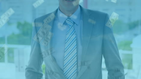animation of banknotes over caucasian businessman smiling