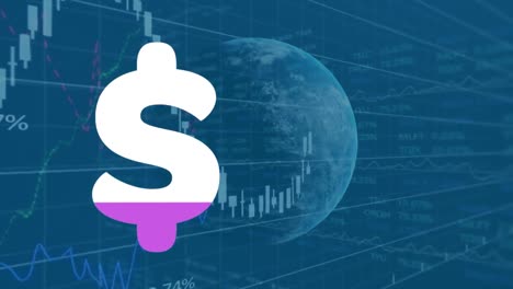 Animation-Des-Dollarsymbols-über-Dem-Globus-Und-Datenverarbeitung