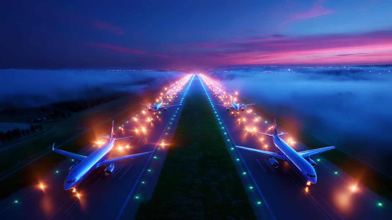 Aerial View of Illuminated Runway at Twilight with Parked Airplanes Surrounded by Fog, Creating a Mystical Yet Futuristic Atmosphere Perfect for Aviation Enthusiasts and Transport Lovers Alike
