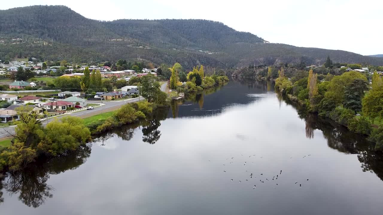 aéreo - toma de seguimiento de drones del hermoso río que serpentea a través de un pequeño pueblo en tasmania