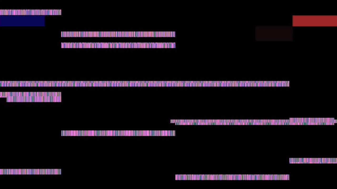 Dynamic, colorful digital glitch with blocky horizontal distortion and artifacts on black background. For tech, cyber, or music video projects