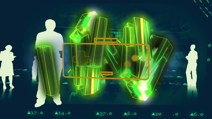 Animation of data processing over crystals and business people