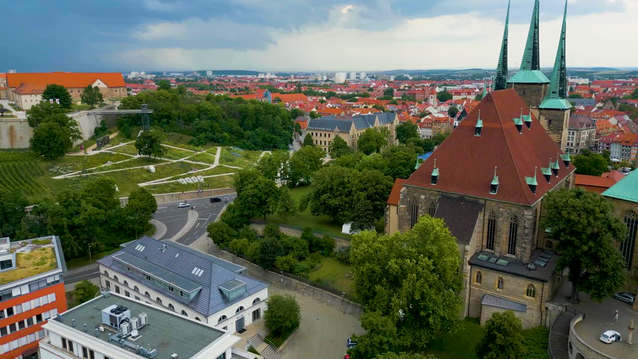 4K Aerial Drone Video of Beautiful Gothic St. Severi Church in Downtown Erfurt, Germany