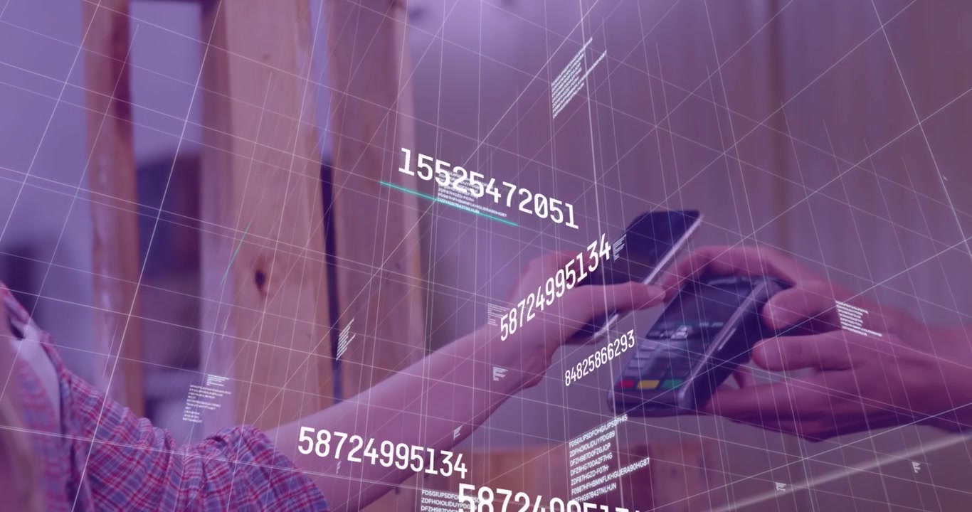 Animation of data processing over caucasian woman paying with smartphone