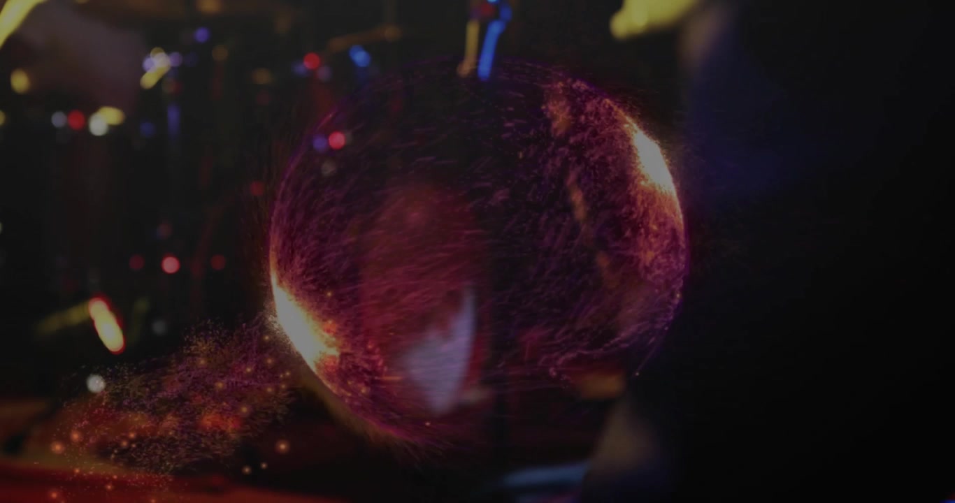 Keyboardist playing melody causing cosmic orb over keys, music band jamming under red blue lights