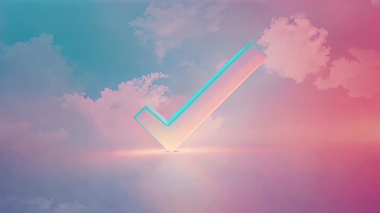 Revealing neon outline, neon checkmark drawing light ribbon over pastel sky, horizon flare pulsing