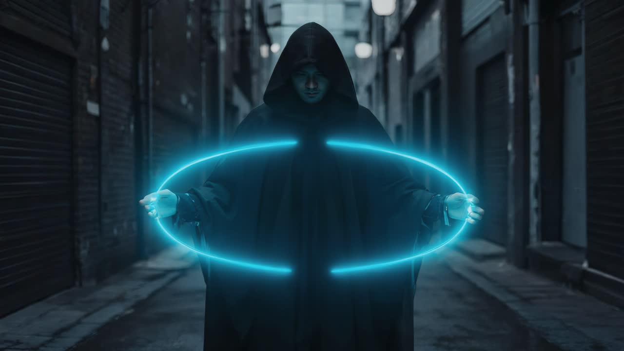 Mysterious Hooded Figure with Glowing Blue Energy in a Dark Alley
