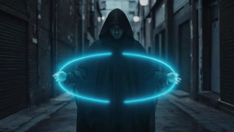 mysterious hooded figure with glowing blue energy in a dark alley