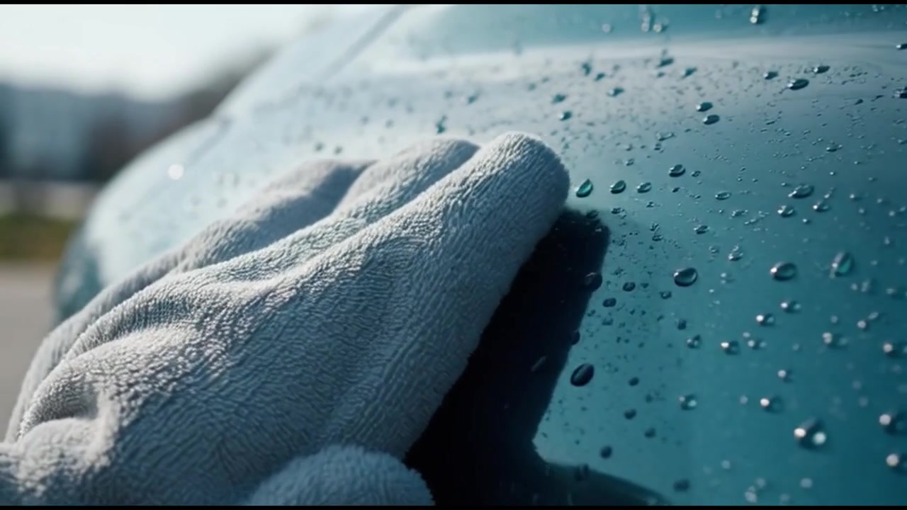 Hand wischt Wassertropfen von einer türkisfarbenen Motorhaube.
