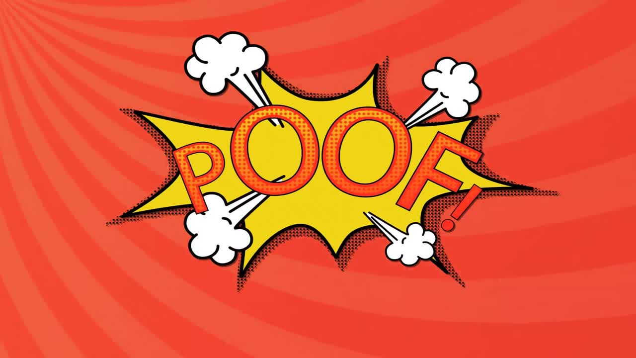 animación de una burbuja de habla de dibujos animados vintage con poof! texto en fondo a rayas naranjas