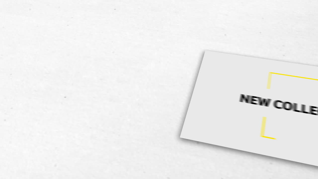 Digital animation of new collection text over yellow square cross hair against grey background