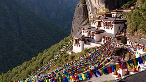 colorful prayer flags at a monastery in the mountains