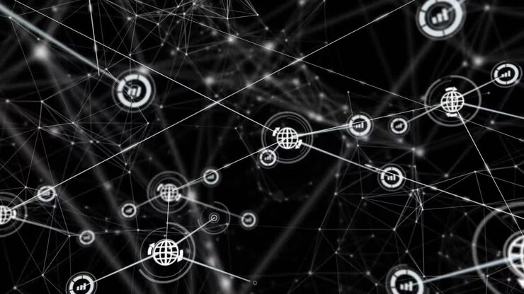 Animation of networks of connections with icons over black background