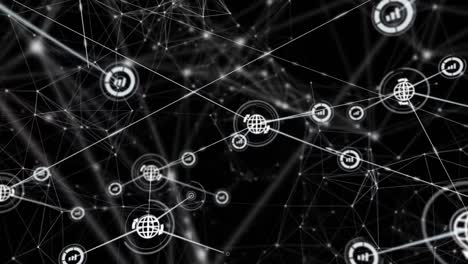 Animation of networks of connections with icons over black background