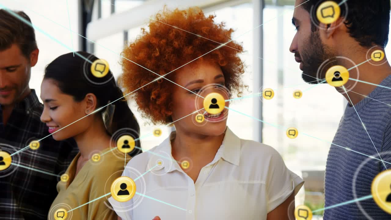 Animation of network of connections over diverse business people in office