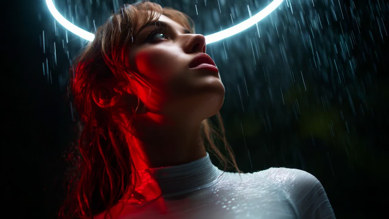 A mesmerizing portrait of a female figure standing in the rain, illuminated by ethereal lights, capturing the essence of beauty and grace amidst a serene and reflective backdrop with dramatic lighting effects