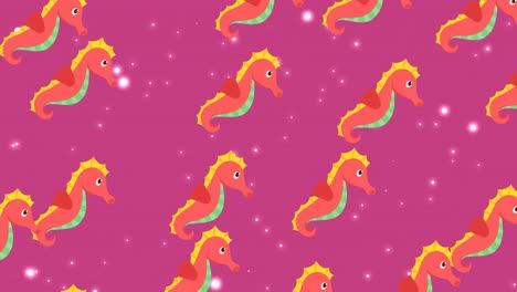animación de múltiples caballitos de mar sobre manchas brillantes en un fondo púrpura