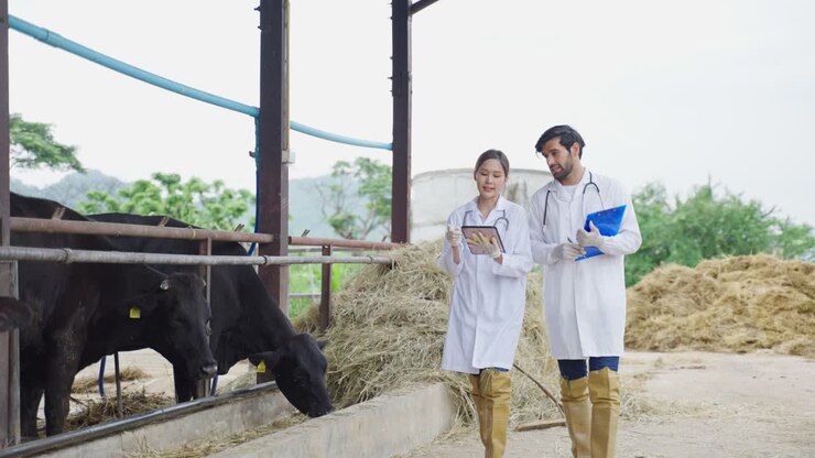 veterinários que examinam vacas numa quinta