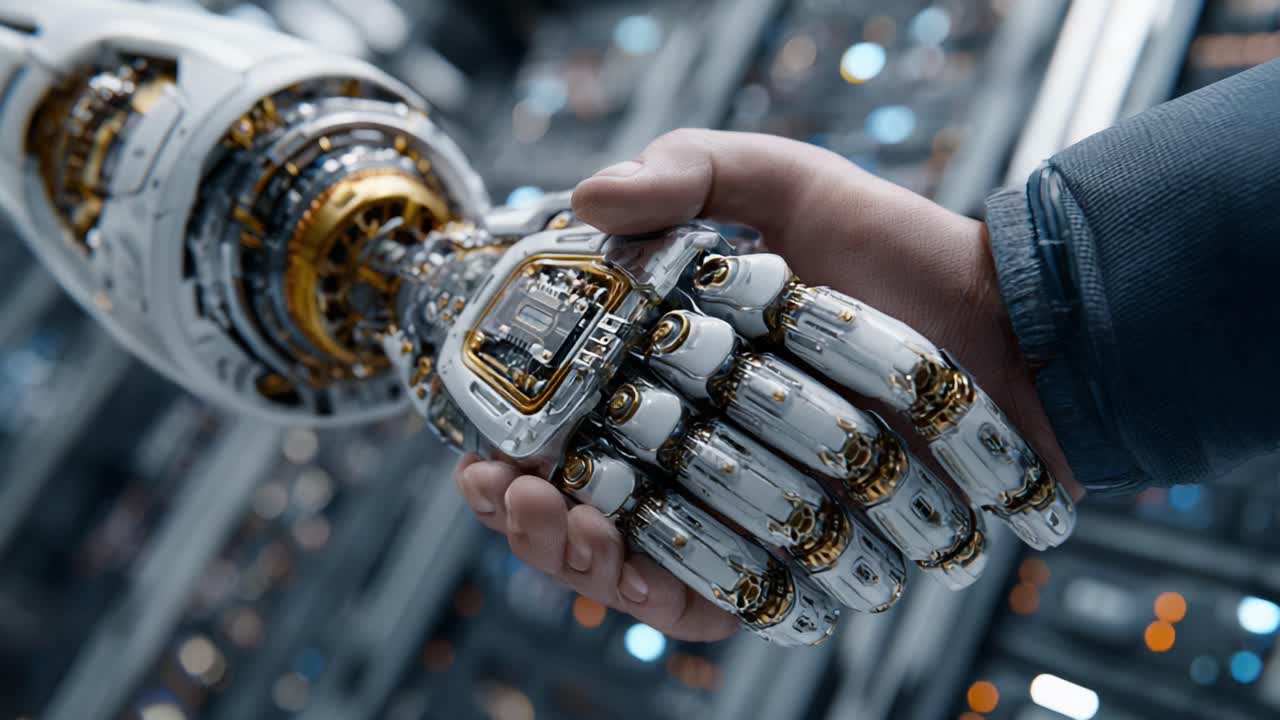 A Close-Up Interaction Between Human and Advanced Robotic Hand, Showcasing the Fusion of Technology and Humanity in a Futuristic Setting