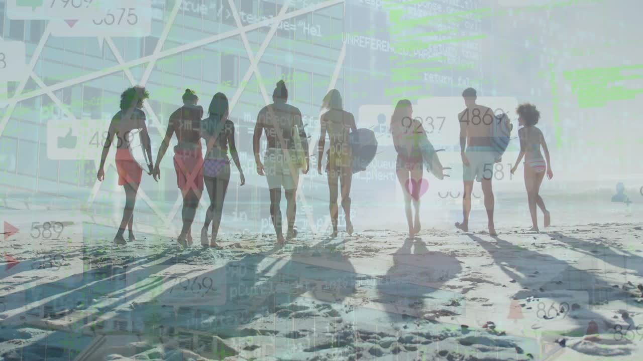 サーフボードを持つ多様な友人たちが海へ向かう映像に重ねられた通知アイコンのアニメーション