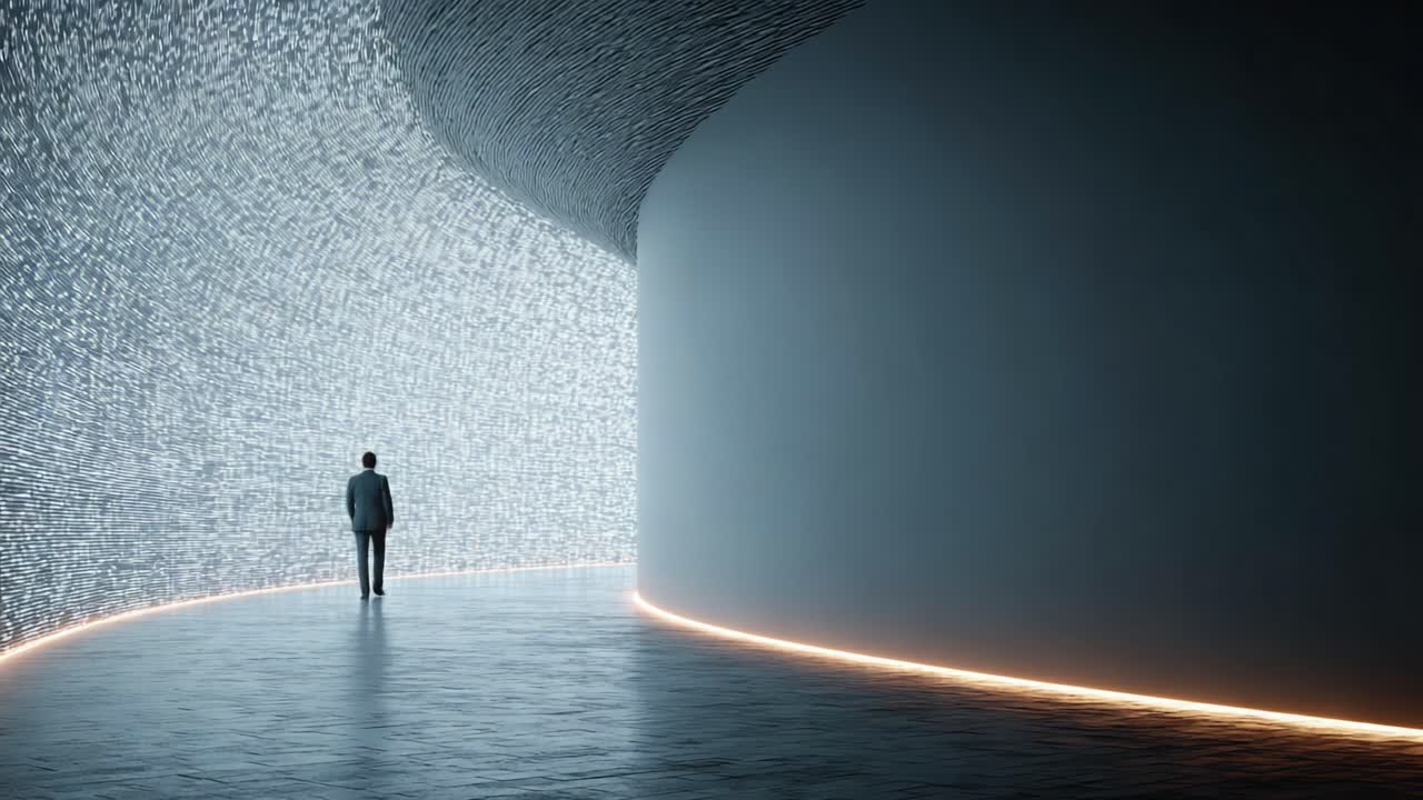 A solitary figure walks through an illuminated, futuristic corridor, surrounded by glowing walls that create a captivating atmosphere of depth and wonder