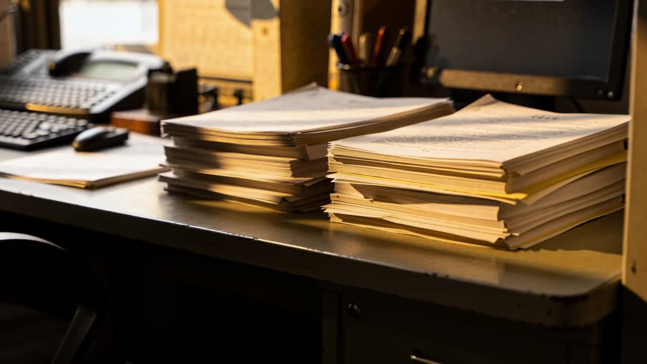 Vertical video: Camera pulling back to show two paper stacks at cubicle with keyboard and lamps