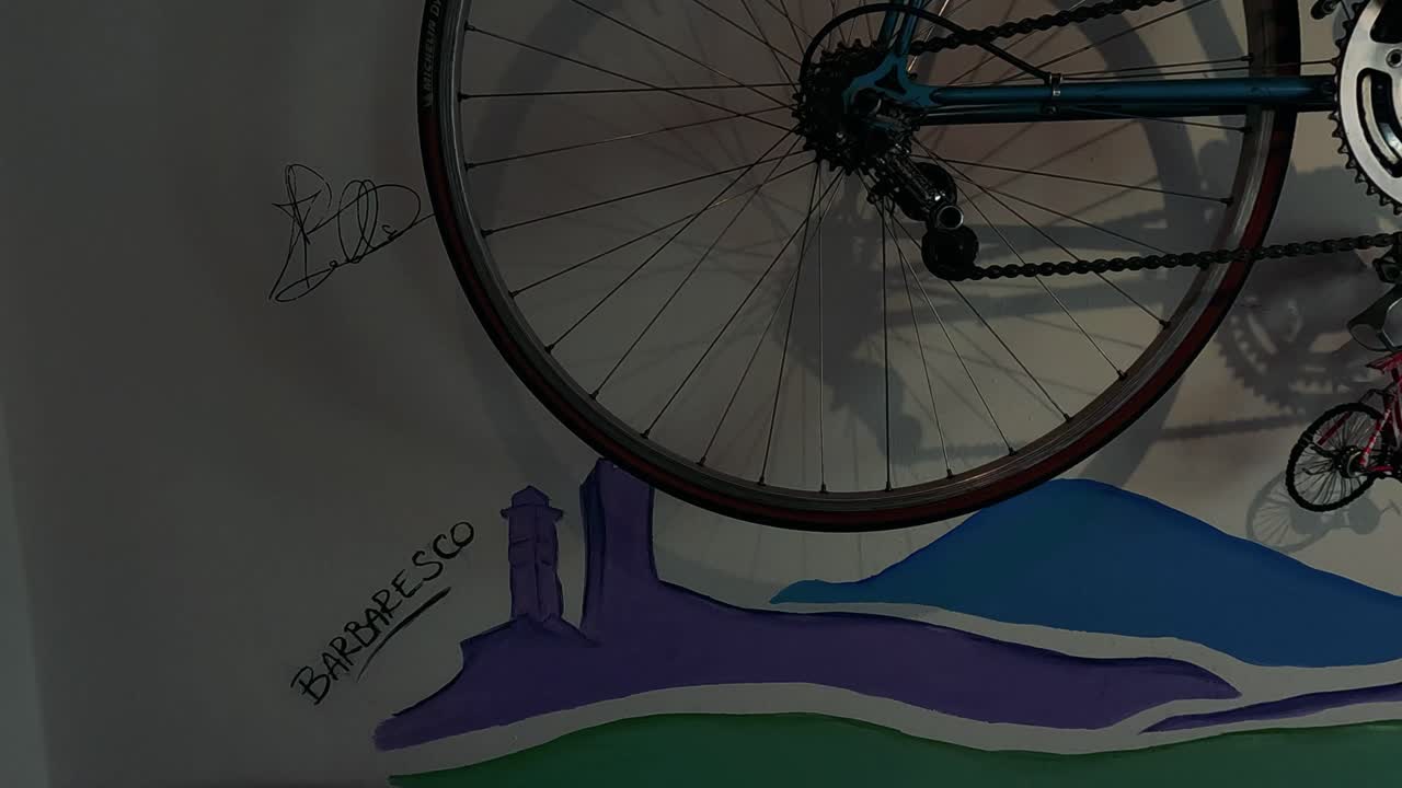 bicicleta en la pared con obras de arte de barolo