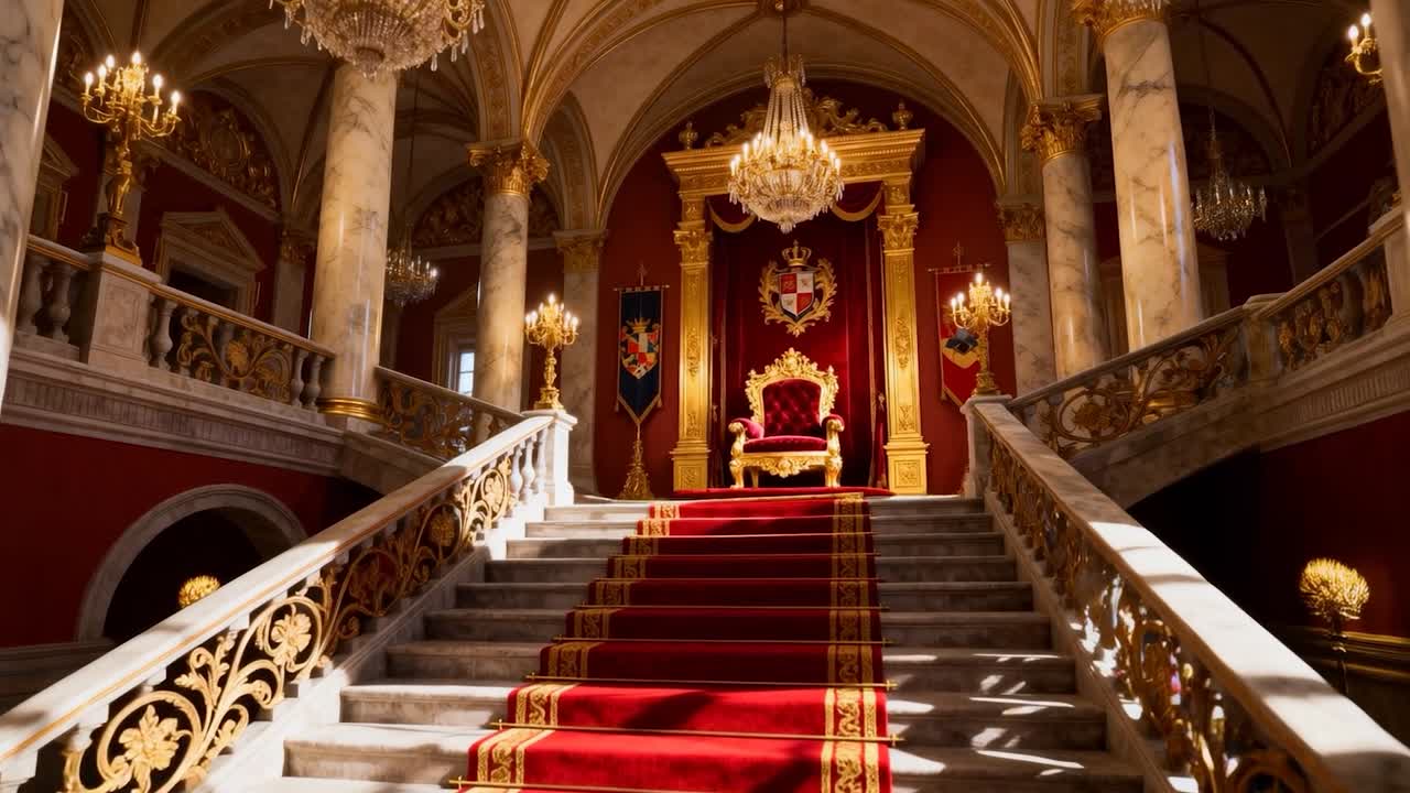Die Kamera beginnt vorzurücken, wodurch ein Thron und eine rote Teppichtreppe in der Thronhalle sichtbar werden, um die Vergoldung zu zeigen