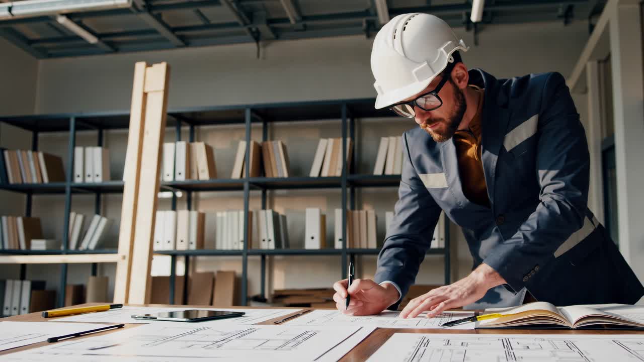 arquitecto trabajando en planos en la oficina