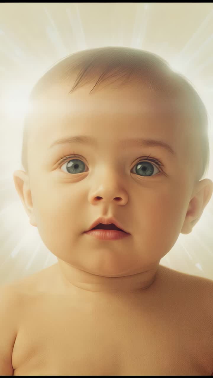 Vertical video: Blinking bare-shouldered baby tracking offscreen as flare crossing face in studio