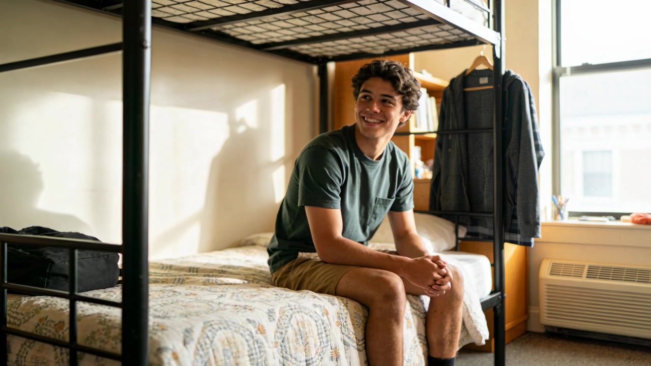 Studente sorridente che gira la testa verso una voce fuori campo in un letto a castello del dormitorio, con maglietta verde e pantaloncini color cachi.