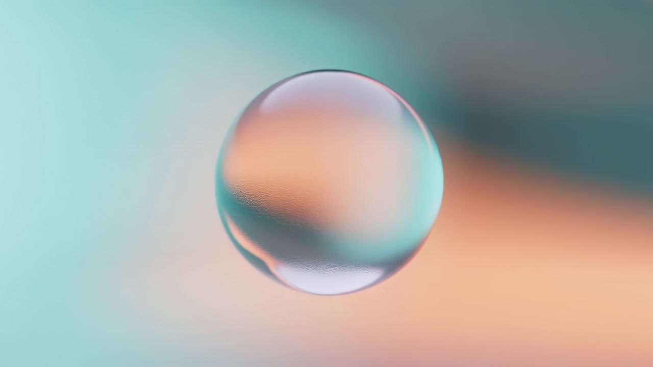 Single translucent glass sphere hovers near center over blended aqua, mint, and peach backdrop, showing glossy rim light, soft frost, internal color bands, and refined minimal elegance