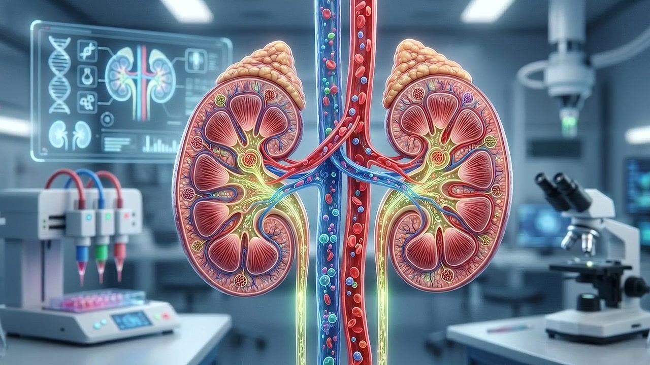 Human renal system visualization with transparent kidneys in futuristic laboratory