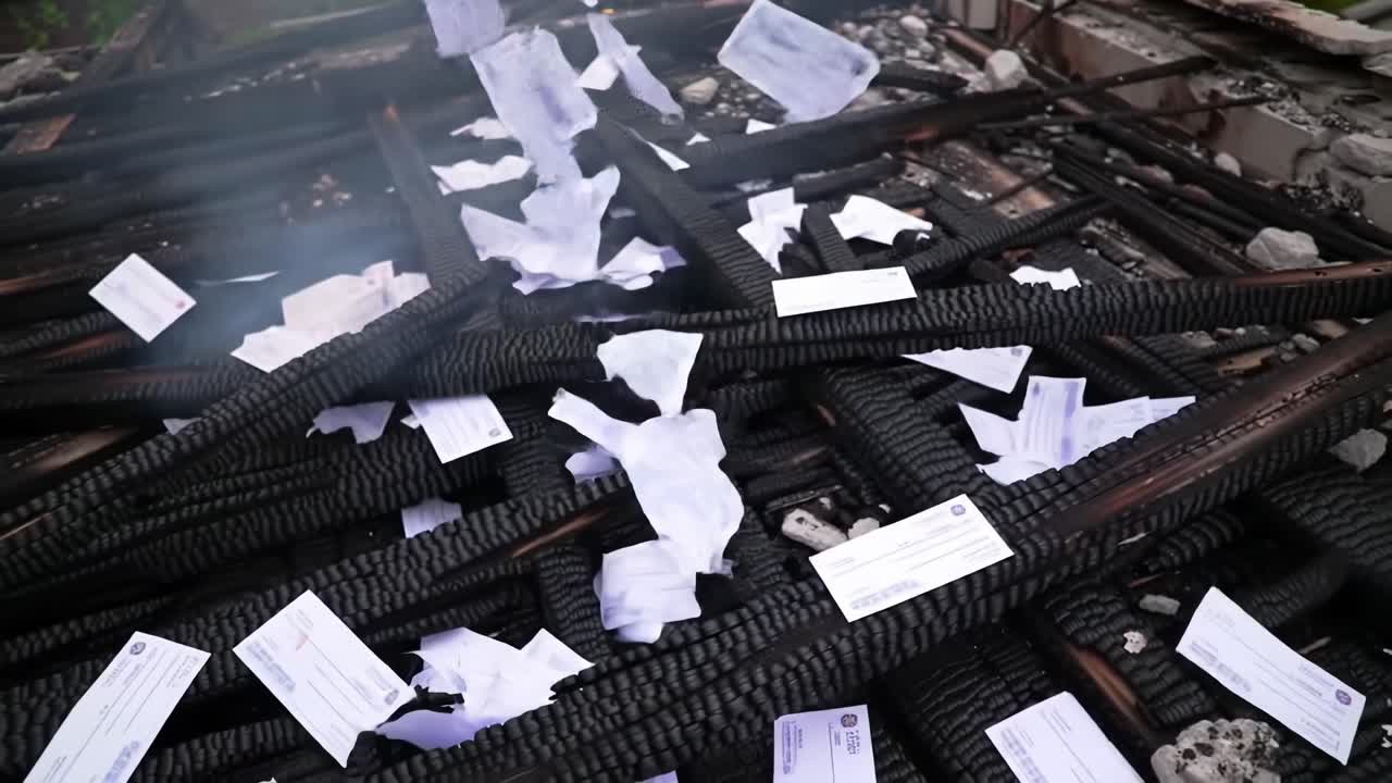 Scattered Letters and Documents amidst Charred Debris: A Somber Scene of Destruction Revealing the Aftermath of a Fire Encountering Evidence of Loss and Displacement