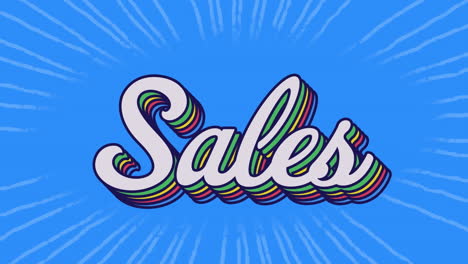 animation of sales text banner with rainbow shadow effect against light trails on blue background