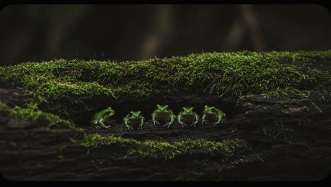 a serene gathering of green frogs on a moss-covered log in the heart of nature, capturing the tranquility of their habitat and their unique behaviors in this stunning setting