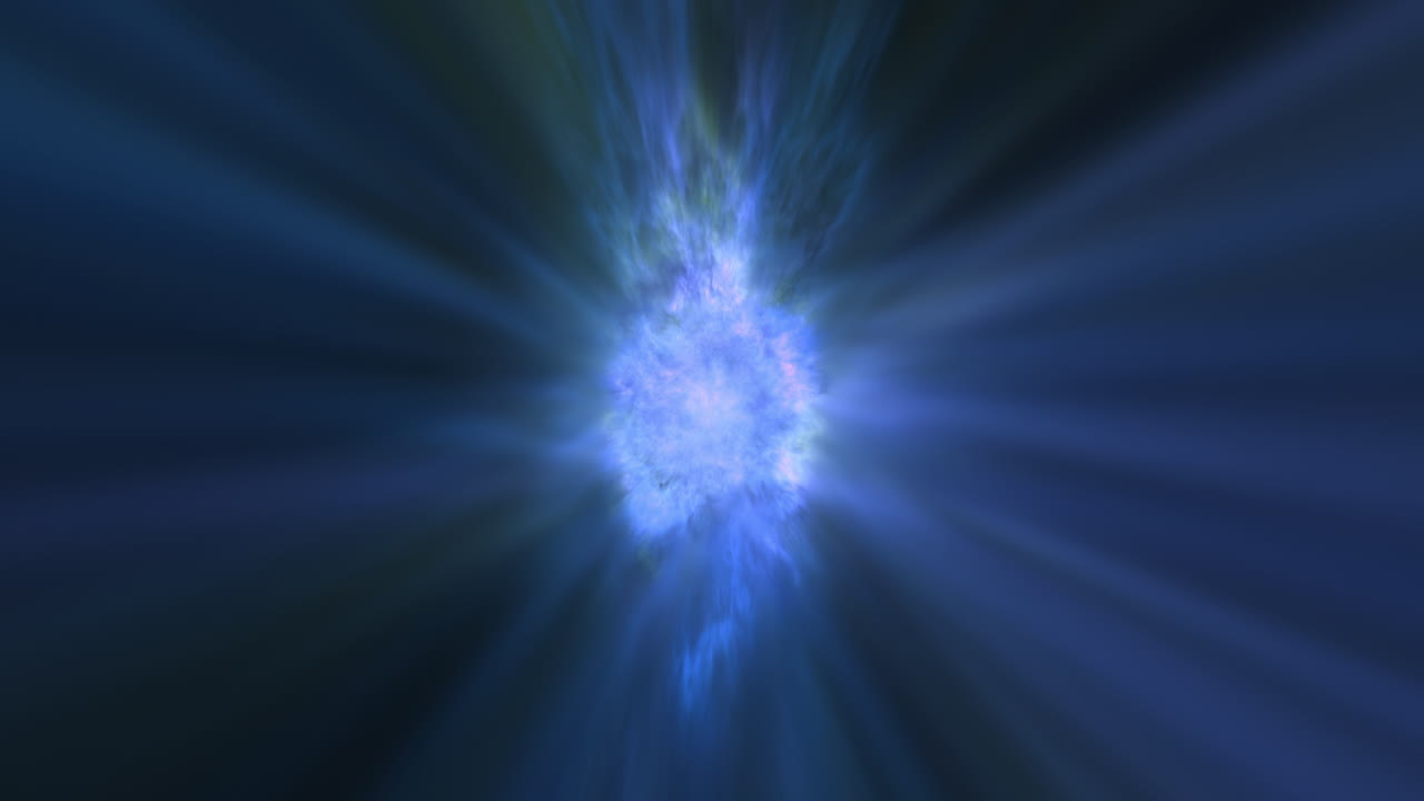 Blue Energy Radiating Bright Glowing Light on Black Background. Abstract Illustration of Astronomical Magic Star Power. Plasma Ball Effect. Nuclear Power Radiation Imagery.